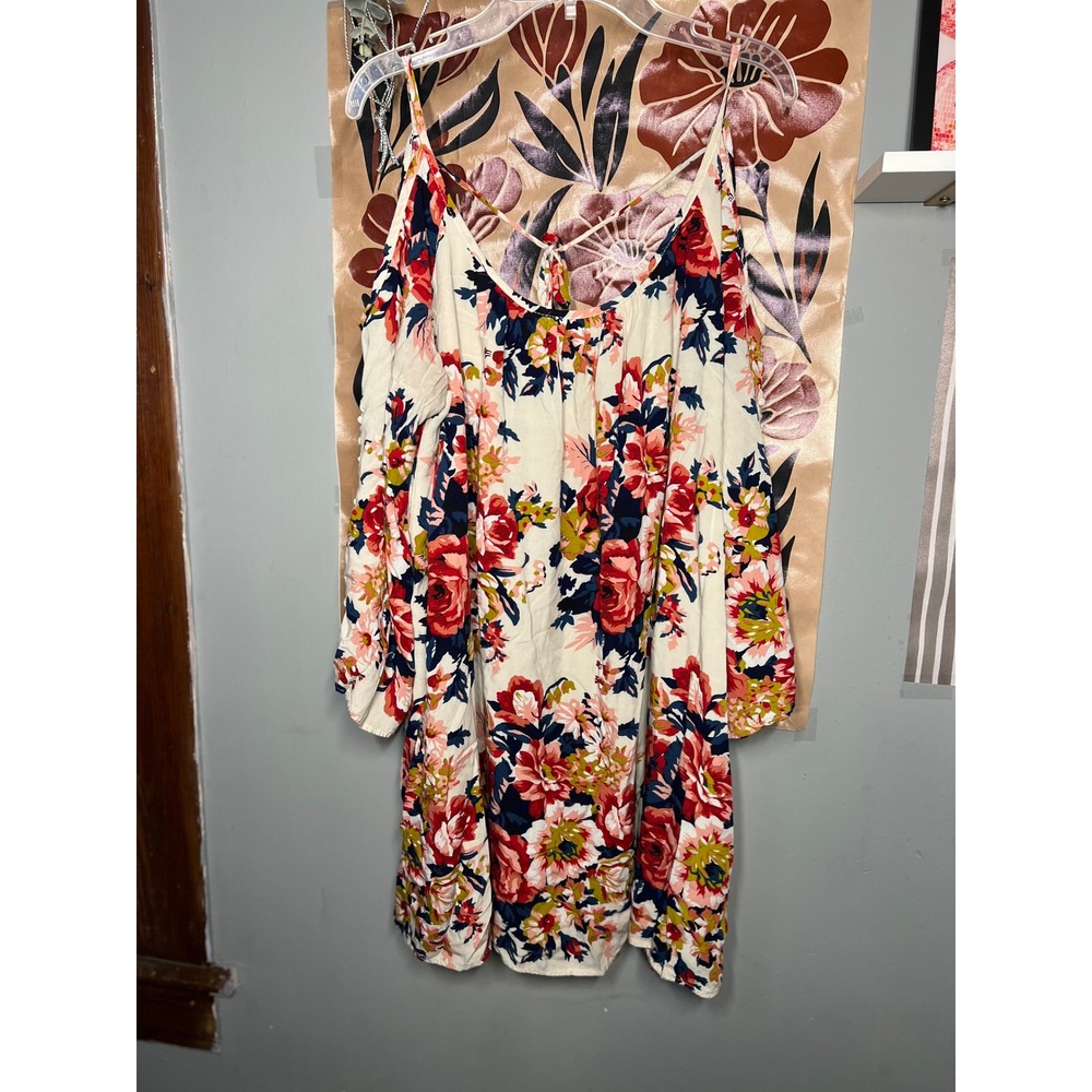 Umgee Floral Cold Shoulder Mini Dress Cream Red Navy Crochet Lace Sleeve Large